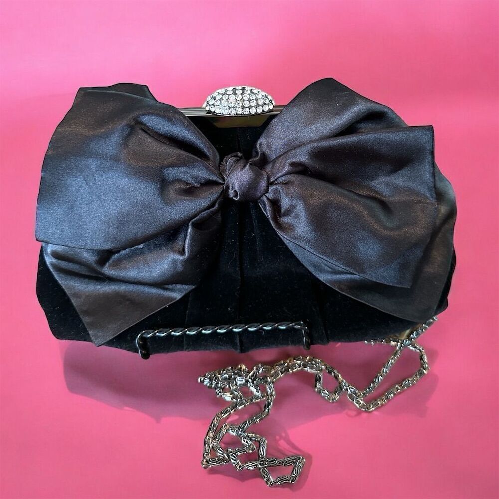 Neiman Marcus Black Velvet Evening Bag w/ Swarovski Crystals & Chain Clutch